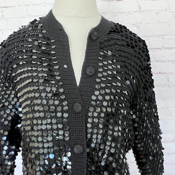 60's Black Sequin Cardigan/Sweater - Forecast Shops - Wool - Size Medium - Picture 10 of 11